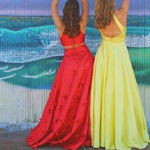 Red Full Length Dress with Flowers Appliqués